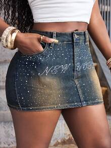SHEIN BAE Spring/Summer Women's Letter Rhinestone Pocket Bodycon Denim Mini Skirt - Blue - View 5