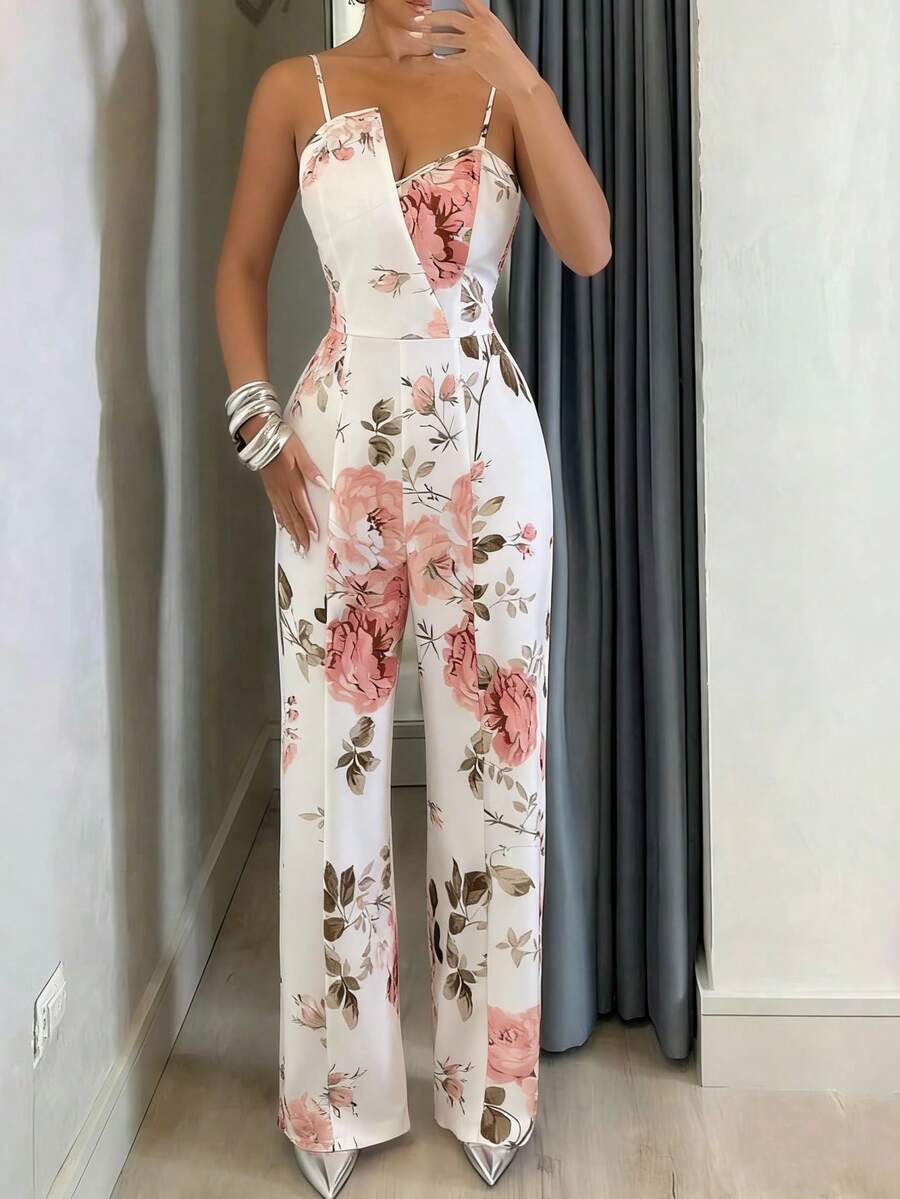 Rafferiza 女士新款数码印花吊带阔腿连体裤，适合旅行和度假穿着 - 杏色 - 查看 1