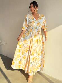 Firerie 大码休闲印花V领高腰褶裥拉链A字摆中长连衣裙，优雅日常通勤度假风，春夏款 - 黃色 - 查看 5