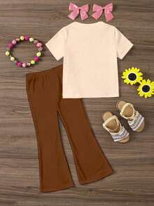 Spring And Summer Young Girl Casual Fashion Creative Personalized Fresh Minimalist Kapibaila Pearl Milk Tea Heart Flower Pattern Letter Slogan Print Casual Basic Short T-Shirt And Flared Pants Set, Comfortable Daily Wear, Cozy Summer And Fall Styles Suitable For Spring, Summer And Autumn - Multicolor - View 2