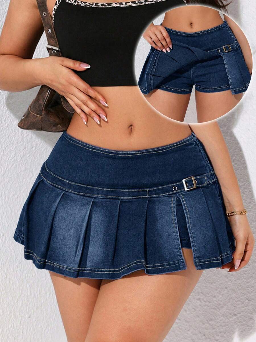 SHEIN ICON Rok celana denim kasual lipit patchwork dengan desain gesper untuk wanita. - Biru - View 1