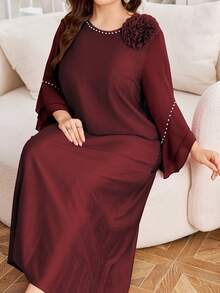 Lacomfia Plus Size Women Solid Color Chiffon Patchwork Modest Casual Dress - Burgundy - View 5