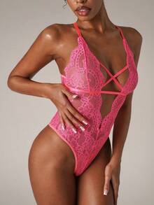 SHEIN BAE Floral Lace Criss Cross Lace Up Backless Teddy Bodysuit Lingerie - Hot Pink - View 6