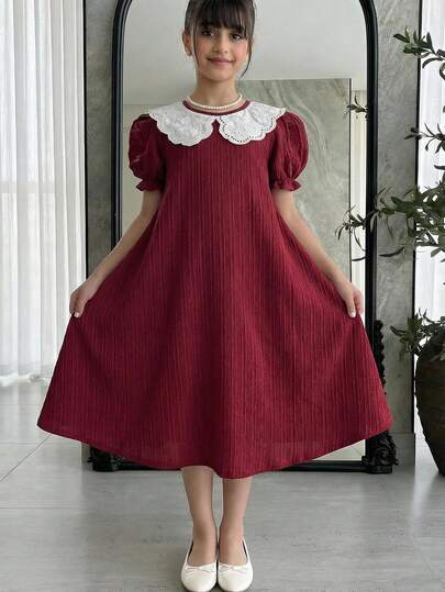 SHEIN Tween Girl Colorblock Peter Pan Collar Puff Sleeve Cute Dress