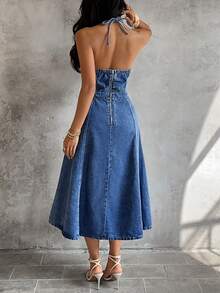 Sunnyshic 时尚优雅的露背系带拼接水洗牛仔连衣裙 - 深色水洗藍 - 查看 2