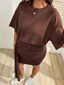 SHEIN Elegant Maternity Summer Dress, Simple Solid Color Loose Drop Shoulder Pleated Fitted Dress - Brown - View 2