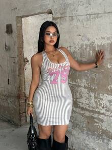 POPSWAY Vestido ajustado casual con estampado de rayas de moda para tallas grandes estilo Y2K - Blanco y Negro - Ver 5