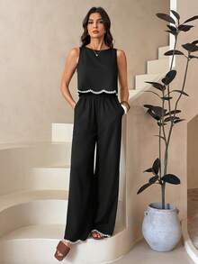 SHEIN Tall 女士时尚度假休闲撞色蕾丝边吊带背心上衣和裤子两件套，四季皆宜，黑色套装，无袖上衣和裤子两件套，秋季女装，商务休闲女装，阔腿裤两件套，蕾丝波浪边衬衫夏季休闲黑色 - 黑色 - 查看 5