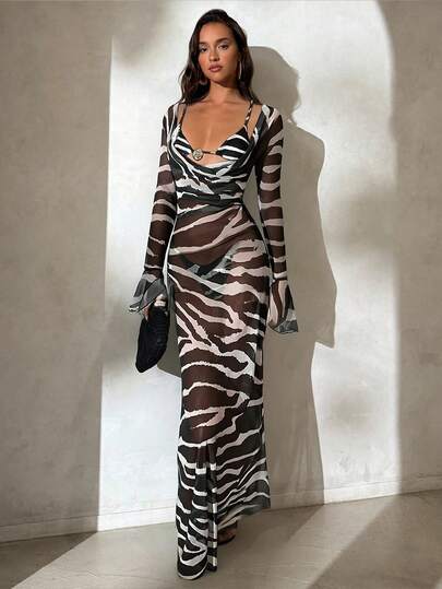 Aloruh Ny superlång klänning med zebratryck för kvinnor, långärmad swingklänning, elegant sexig och skir strandklänning, resortkläder för kvinnor