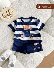 Newborn Baby Boy Cute Summer Knitted Cartoon Pattern Striped Short Sleeve T-Shirt And Shorts Set Baby Boy Summer Outfit Baby Boy Short Sets Baby Boy Bear Outfit Baby Boy Navy Shorts Baby Boy Clothes With Bears - Navy Blue - View 2