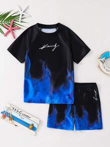 SHEIN Tween Boy Casual Minimalist Round Neck Short Sleeve Swimsuit Set, Suitable For Summer - Multicolor - View 7
