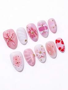 ROMWE Anime 10 Cute Simple Polka Dots Three-Dimensional Carved Fake Nail Pads And A Piece Of Double-Sided Tape - Pink - View 2