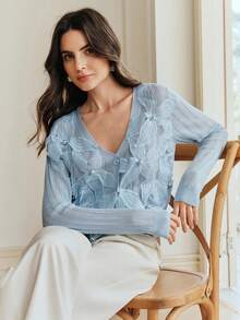 Anewsta Elegant Baby Blue Openwork Cardigan With 3D Floral Pearl Knit,Perfect For Autumn Tea Party,Spring/Summer Wedding,Formal,Holiday,Leisure,Fashionable - Baby Blue - View 6