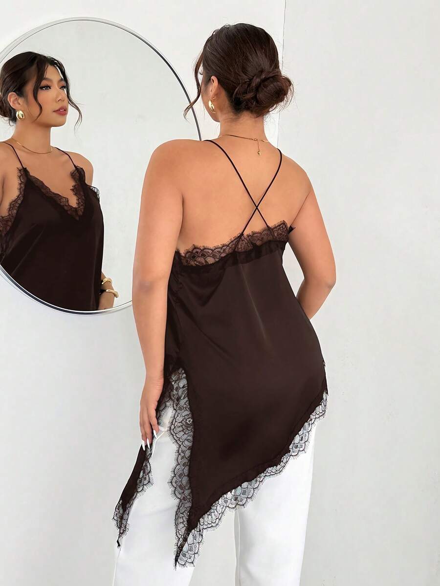 Firerie Camiseta sin espalda de talla grande con parches de encaje y bajo asimétrico de unicolor - Marrón - Ver 1