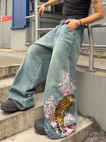 ROMWE MEN Men's Floral & Tiger Embroidery Pattern Loose Fit Jeans - Blue - View 6