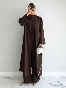 Siren Gaze 3pcs Women Elegant Commuter Solid Color Top, Pants And Front Open Cardigan Set - Brown - View 4