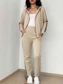SHEIN Cottnline Women's Leopard Print Patchwork Zip Front Hoodie And Pants Casual 2 Pieces Set - Beige - View 3