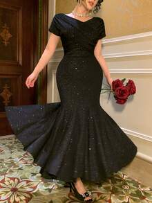 DAZY Sequin Mermaid Tail V-Neck Midi Party Dress For Women - Black - View 1