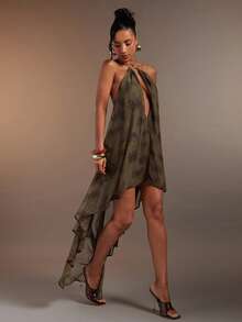 Hauture Áo nữ gợi cảm họa tiết động vật trừu tượng, cổ yếm, hở lưng, điểm nhấn kim loại vàng ở cổ. - màu xanh lá - Xem 6