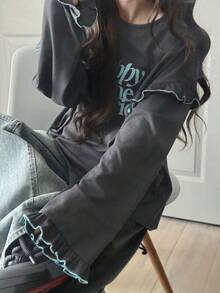 FRIFUL Women's Letter Print Ruffle Hem Casual Versatile Daily Wear Long Sleeve T-Shirt - Grey - View 5