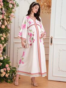 SHEIN 孕妇时尚印花中长袖连衣裙 - 彩色 - 查看 1