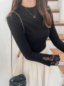 FRIFUL Áo thun nữ màu trơn, cổ tay phối ren mỏng, chất liệu vải ren, dáng rộng, thoải mái, đa năng, thích hợp cho mùa xuân. - màu đen - Xem 4