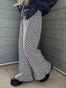 FRIFUL Women's Plaid Hem Pleated Straight Leg Pants, Loose Casual Versatile Spring Trousers - Black - View 4