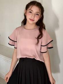 Dazy Kids Tween Girls' Round Neck Ruffle Trim Loose Casual Shirt - Dusty Pink - View 4