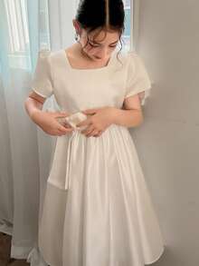 DAZY Tween Girls Square Collar Puff Sleeve Dress - White - View 4