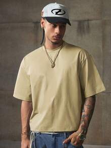 AXEPEAK Camiseta de manga corta de cuello redondo de estilo casual y urbano para hombres - Caqui - Ver 2