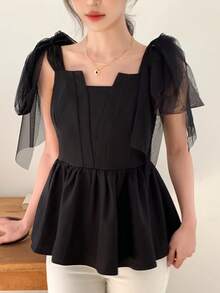 FRIFUL Women's Mesh Bodycon Ruffle Hem Patchwork Casual Camisole Layered Shirt - Black - View 2