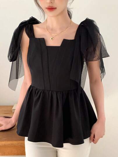 FRIFUL Women's Mesh Bodycon Ruffle Hem Patchwork Casual Camisole Layered Shirt