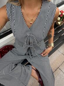 DAZY Spring/Summer Elegant Striped Sleeveless Jacket And Straight Leg Pants Set, Casual Commuting Outfit, Old Money Style For Women - Black - View 6
