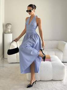 Siren Gaze Summer Spring Shirred Halter Tie Waist Striped Long Dress Women's Casual Long Dress, Minimalistic Fashion, Suitable For Daily Wear Women Solid Color Minimalist Halter Tie V-Neck Long Black Homecoming Dress Maxi Women Outfit Backless 2026 Spring/Summer New Music Festival, Easter, St. Patrick's Day, Valentine's Day, Date, Western, Nomadic, Birthday Party, Graduation, College, Student, Daily Casual, Basic Versatile, Leisure, Vacation, Cruise Travel, Beach, Sunbathing, Viral , Streetwear, Wedding Guest Boho, Commute, Brunch, Airport, Party, Holiday Outing, Office Wear, Halter Neck, Waist Tie, Backless, Striped Maxi Dress Women Striped Sleeveless Long Dress, Summer Summer Dresses For Women - Blue - View 2