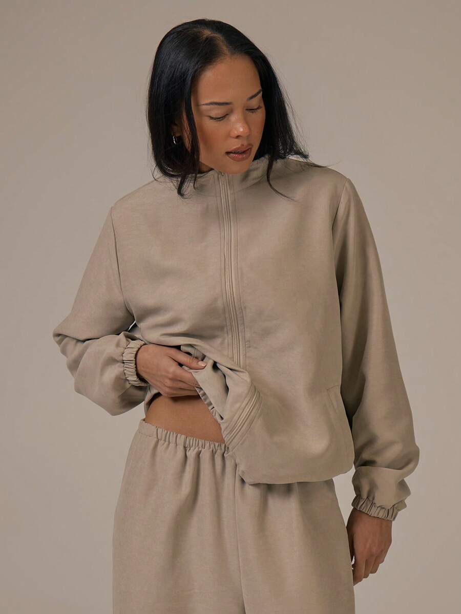MUSERA Chaqueta de chándal con cremallera completa y cuello alto con contraste de conchas, primavera-verano, lindo y acogedor estilo cottage core, rocío de primavera - Albaricoque - Ver 1