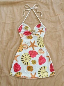 Vestido mini con textura, escote en V, decoración de estrella de mar metálica, cuello con lazo, espalda descubierta, ideal para vacaciones, citas, té de la tarde, días festivos, festivales de música, estilo bohemio - Azul - Ver 4