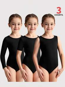 Colección de 3 piezas de maillots de ballet para niñas pequeñas, con estilos de manga larga, manga corta y de tirantes en negro clásico, todos hechos de tela sedosa de alta elasticidad con un ajuste ceñido, diseñados específicamente para la práctica diaria de danza, ensayos y entrenamiento de clase de ballet - Negro - Ver 1