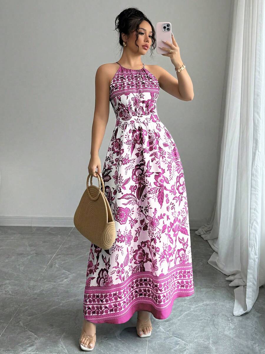 Elenzga 女士优雅时尚迷人海滩度假休闲无袖吊带收腰碎花印花长裙（随机印花） - 粉色 - 查看 1