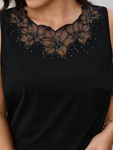 Reflora 大码女式水钻花朵装饰网眼拼布吊带背心 女式休闲上衣，女式优雅上衣，上衣 女式上衣，抹胸，女式背心，海滩，商务休闲女装，女式抹胸，优雅 - 黑色 - 查看 5