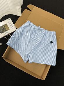 SHEIN Bộ 2 quần short kẻ sọc xanh trắng dành cho thiếu nữ, đa năng, thích hợp mặc hàng ngày, ở nhà, đi nghỉ mát, phối cùng nơ vải lanh. - Xanh và trắng - Xem 6