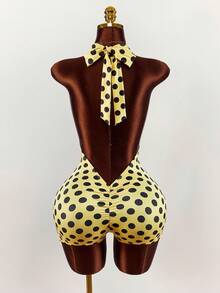 Amplova Women's Yellow & Black Polka Dot Halter Tie Backless Romper, Sexy Tight-Fitting Y2K Retro Polka Dot Print, Cute Ruched Back Detail - Multicolor - View 2