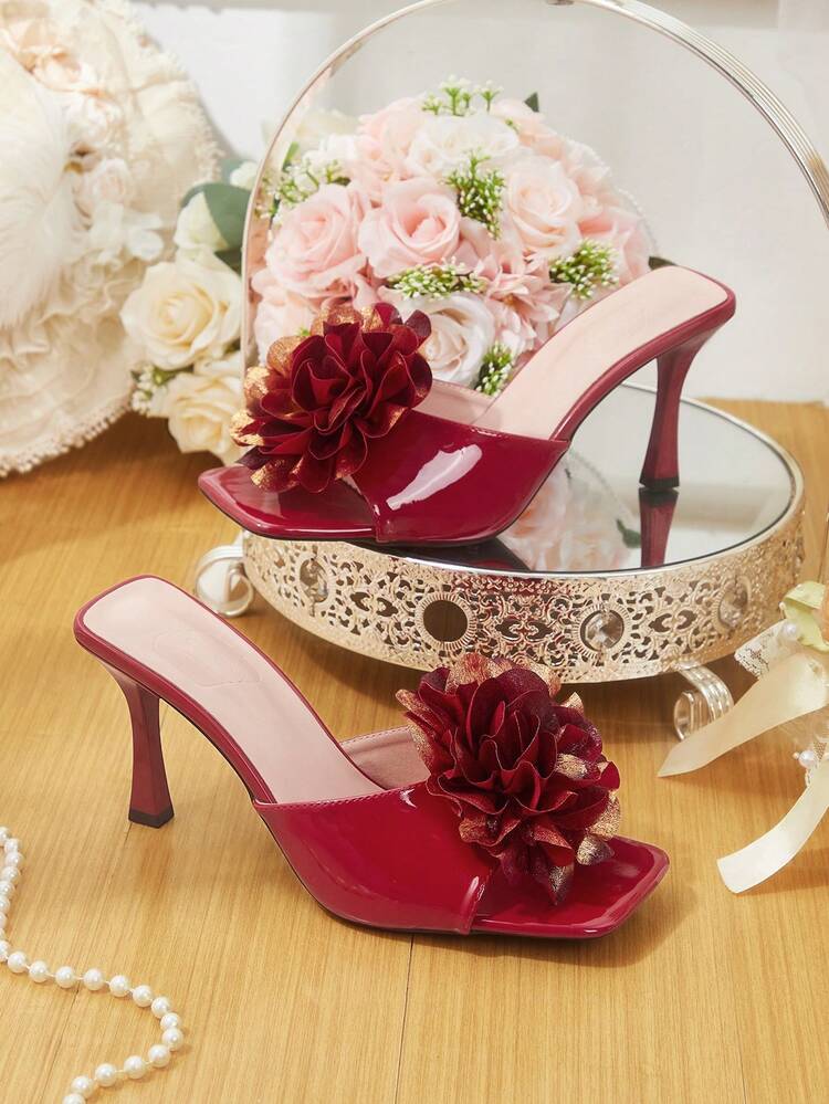 CUCCOO HITCHD Women's Square Toe Stiletto High Heel Slip-On Floral Embellished Mule Sandals, Sexy Fashion Dress Shoes For Party, Nightclub Wedding Shoes Spring Shoes Bride Shoes