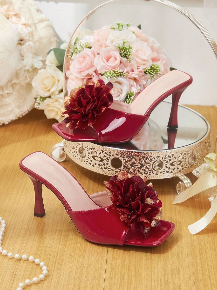 CUCCOO HITCHD 女士方头细高跟套脚花卉装饰穆勒凉鞋，性感时尚派对、夜店礼服鞋 - 酒紅色 - 查看 1