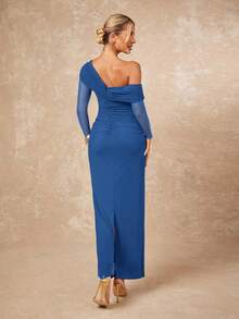 Lumalex 女士优雅性感酒红色不对称领交叉褶皱腰部开衩下摆长袖修身连衣裙，春夏款 - 寶藍色 - 查看 2