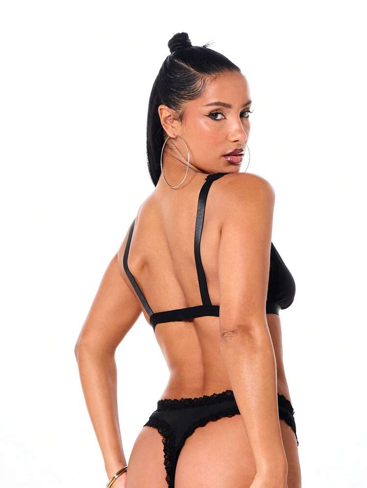 BABYPHAT Luxurious Lace Trim Bralette And Thong Set With Deep V Neckline And Ruffled Edges For Intimate Occasions