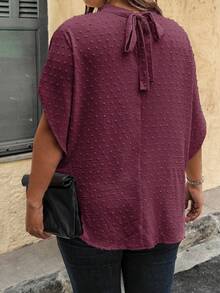 SHEIN Clasi Plus Size Women's Solid Color Stand Collar Batwing Short Sleeve Fashionable Blouse - Burgundy - View 2