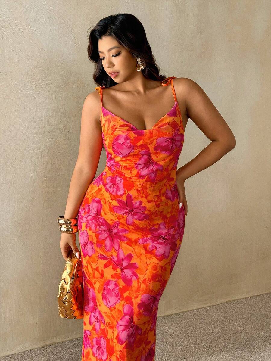 Auralis Đầm maxi nữ thanh lịch màu cam nhuộm tie-dye in họa tiết hoa, dây mảnh, hở lưng, eo chun, xếp ly, dáng đuôi cá, phù hợp cho kỳ nghỉ, hẹn hò, lễ hội âm nhạc/Dáng rộng, thanh lịch, công sở, nghỉ dưỡng, tiệc trà chiều, hẹn hò gợi cảm, tiệc tùng, phong cách retro, sinh viên, chụp ảnh trên bãi biển.