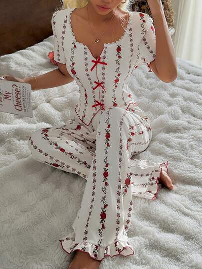 CottageSlumber Contrast Color Ditsy Floral Square Neck Lace Trim Short Sleeve Pajama Set