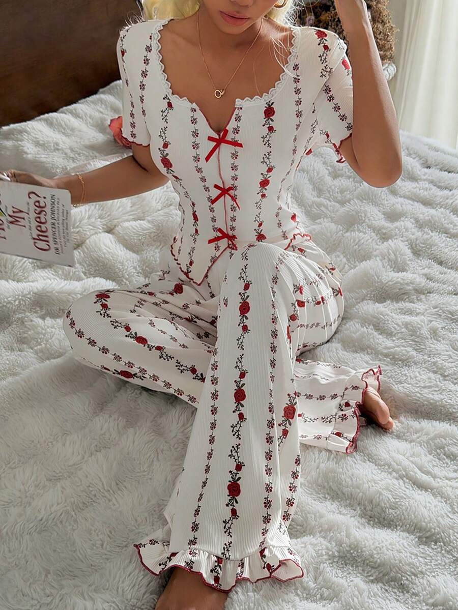 CottageSlumber 撞色碎花方领蕾丝边短袖睡衣套装 - 杏色 - 查看 1