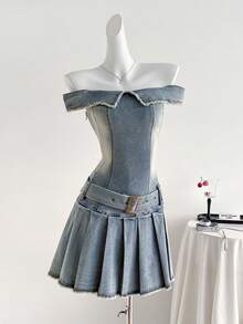 Elamini 女士休闲时尚街头风毛边翻领露肩荷叶边下摆系带牛仔连衣裙，夏季 - 藍色 - 查看 4